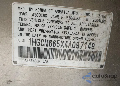 2004 Honda Accord 3.0 Ex из США, поврежденный, VIN 1HGCM665X4A097149